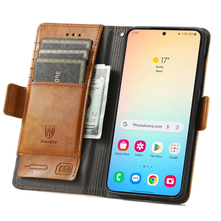 For Samsung Galaxy S25 5G CaseNeo Splicing Dual Magnetic Buckle Leather Phone Case(Khaki) - Galaxy S25 5G Cases by CaseNeo | Online Shopping UK | buy2fix