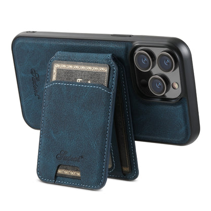 For iPhone 14 Suteni H17 Litchi Texture Leather MagSafe Detachable Wallet Phone Case(Blue) - iPhone 14 Cases by Suteni | Online Shopping UK | buy2fix
