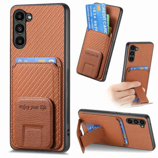 For Samsung Galaxy S23 5G Carbon Fiber Card Bag Fold Stand Phone Case(Brown) - Galaxy S23 5G Cases by buy2fix | Online Shopping UK | buy2fix