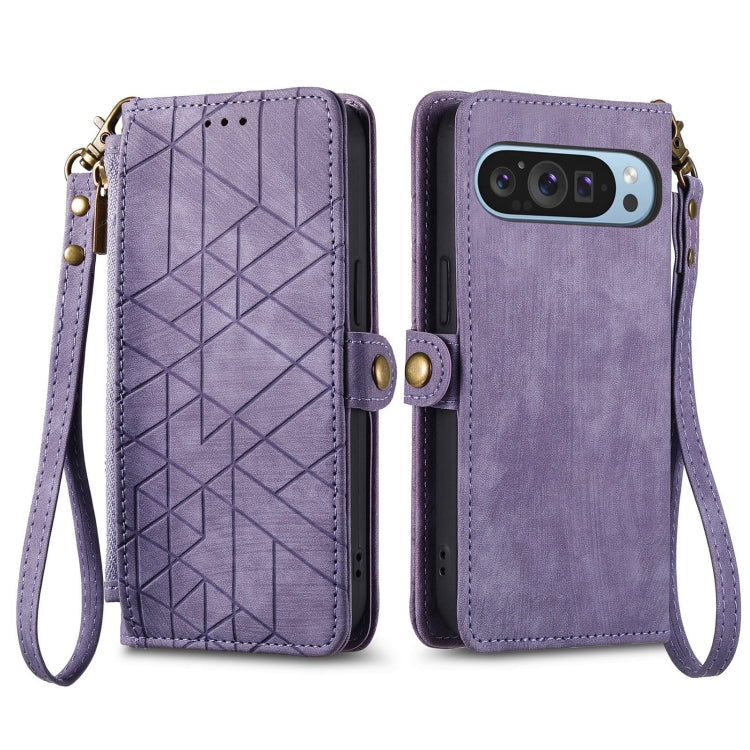 For Google Pixel 9 Geometric Zipper Wallet Side Buckle Leather Phone Case(Purple) - Google Cases by buy2fix | Online Shopping UK | buy2fix