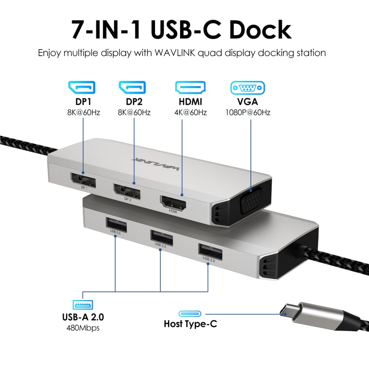 WAVLINK WL-UMD307 Type-C to 2DP + 4K HD + VGA + 3 x USB2.0 HUB Docking Station - USB HUB by WAVLINK | Online Shopping UK | buy2fix
