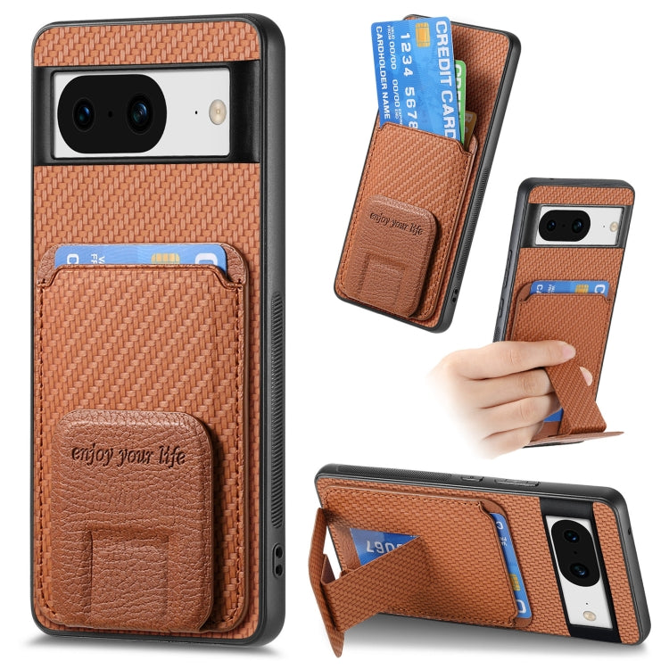 For Google Pixel 7 Pro Carbon Fiber Card Bag Fold Stand Phone Case(Brown) - Google Cases by buy2fix | Online Shopping UK | buy2fix