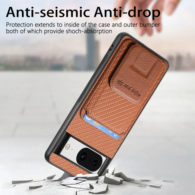 For Google Pixel 7 Pro Carbon Fiber Card Bag Fold Stand Phone Case(Brown) - Google Cases by buy2fix | Online Shopping UK | buy2fix