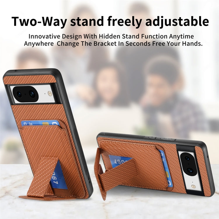 For Google Pixel 7 Pro Carbon Fiber Card Bag Fold Stand Phone Case(Brown) - Google Cases by buy2fix | Online Shopping UK | buy2fix