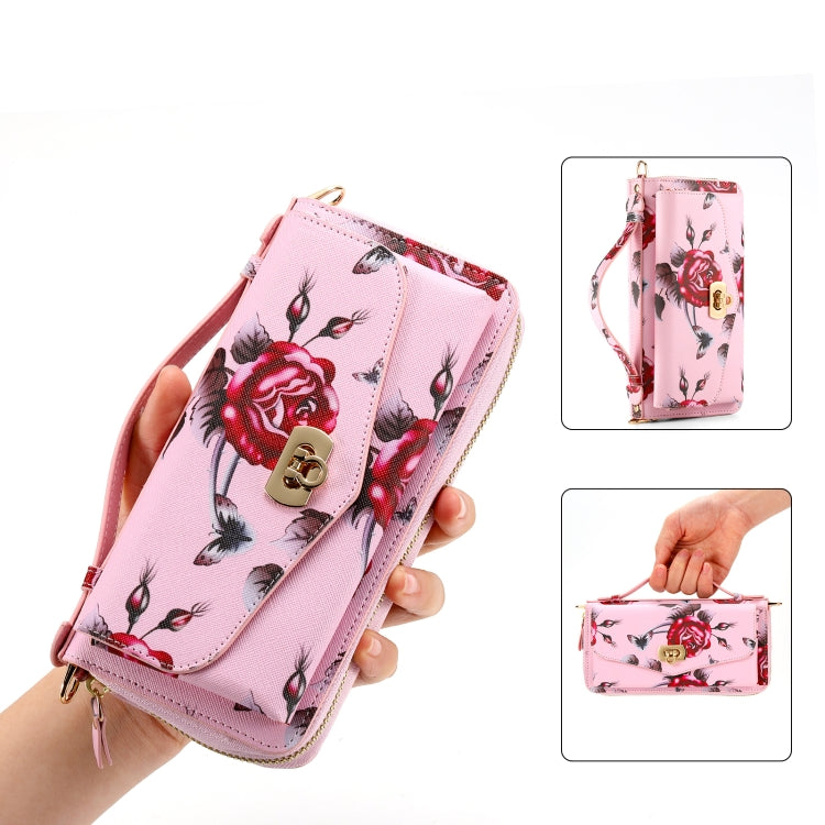 For iPhone 13 MagSafe Flower Multi-functional Crossbody Zipper Wallet Leather Phone Case(Pink) - iPhone 13 Cases by buy2fix | Online Shopping UK | buy2fix