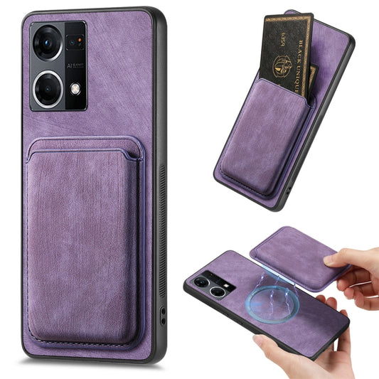 For OPPO Reno7 4G Retro Leather Card Bag Magnetic Phone Case(Purple) - OPPO Cases by buy2fix | Online Shopping UK | buy2fix