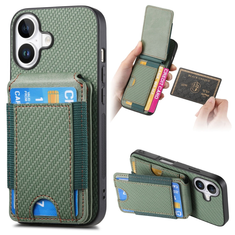 For iPhone 16 Carbon Fiber Vertical Flip Wallet Stand Phone Case(Green) - iPhone 16 Cases by buy2fix | Online Shopping UK | buy2fix