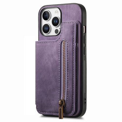 For iPhone 16 Pro Retro Leather Zipper Wallet Back Phone Case(Purple) - More iPhone Cases by buy2fix | Online Shopping UK | buy2fix