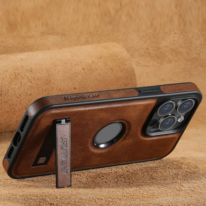 For iPhone 14 Pro Suteni G2 Magsafe Oil Wax Leather Back Phone Case with Holder(Brown) - iPhone 14 Pro Cases by Suteni | Online Shopping UK | buy2fix