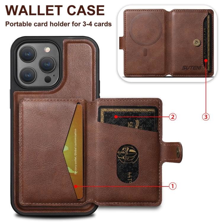 For iPhone 14 Pro Suteni M1 Oil Wax MagSafe Detachable Horizontal Card Bag Phone Case(Brown) - iPhone 14 Pro Cases by Suteni | Online Shopping UK | buy2fix