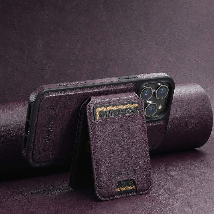 For iPhone 15 Suteni M2 Oil Wax MagSafe Horizontal Card Bag Phone Case(Purple) - iPhone 15 Cases by Suteni | Online Shopping UK | buy2fix