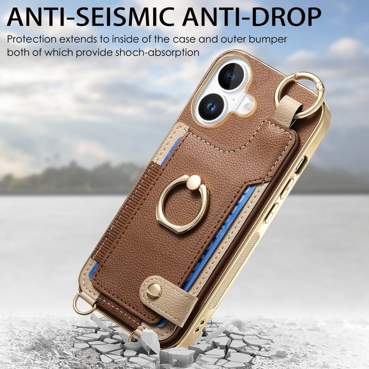 For iPhone 16 Fashion Ring Card Bag Phone Case with Hang Loop(Brown) - iPhone 16 Cases by buy2fix | Online Shopping UK | buy2fix