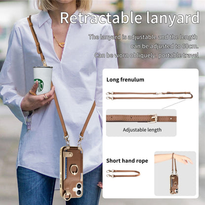 For iPhone 16 Fashion Ring Card Bag Phone Case with Hang Loop(Brown) - iPhone 16 Cases by buy2fix | Online Shopping UK | buy2fix