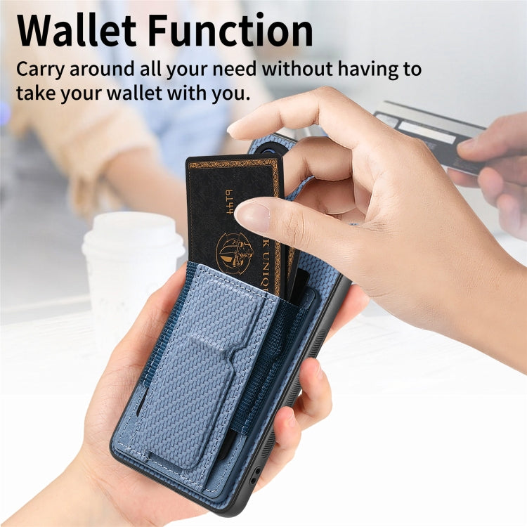 For Motorola Moto G Stylus 5G 2024 Carbon Fiber Fold Stand Elastic Card Bag Phone Case(Blue) - Motorola Cases by buy2fix | Online Shopping UK | buy2fix
