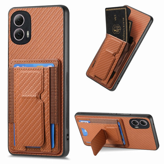 For Motorola Moto G Power 5G 2024 Carbon Fiber Fold Stand Elastic Card Bag Phone Case(Brown) - Motorola Cases by buy2fix | Online Shopping UK | buy2fix