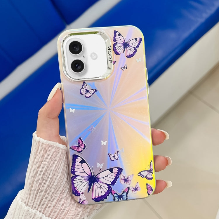 For iPhone 16 Plus Electroplating Laser Butterfly Phone Case(Purple Butterflies AB3) - iPhone 16 Plus Cases by buy2fix | Online Shopping UK | buy2fix