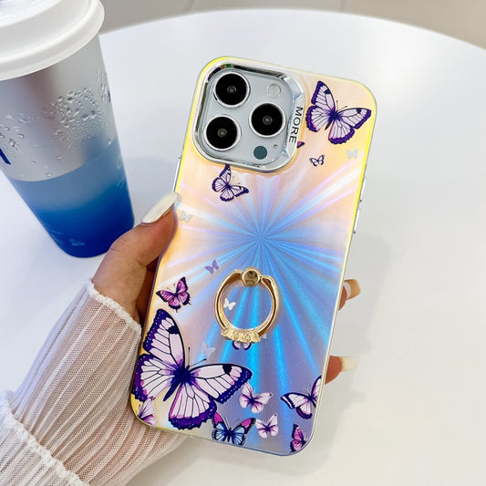 For iPhone 16 Pro Max Electroplating Laser Butterfly Ring Holder Phone Case(Purple Butterflies AB3) - iPhone 16 Pro Max Cases by buy2fix | Online Shopping UK | buy2fix