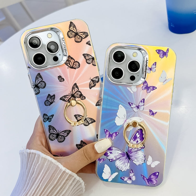 For iPhone 16 Plus Electroplating Laser Butterfly Ring Holder Phone Case(Color Butterflies AB1) - iPhone 16 Plus Cases by buy2fix | Online Shopping UK | buy2fix