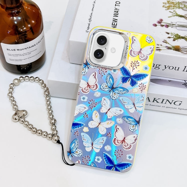 For iPhone 16 Plus Electroplating Laser Butterfly Phone Case with Wrist Strap(Blue Butterflies AB4) - iPhone 16 Plus Cases by buy2fix | Online Shopping UK | buy2fix