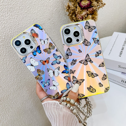 For iPhone 16 Plus Electroplating Laser Butterfly Phone Case with Wrist Strap(Blue Butterflies AB4) - iPhone 16 Plus Cases by buy2fix | Online Shopping UK | buy2fix