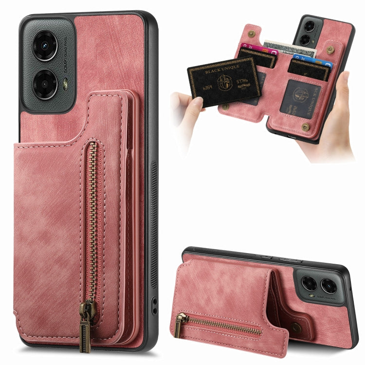 For Motorola Moto G 2024 Retro Leather Zipper Wallet Back Phone Case(Pink) - Motorola Cases by buy2fix | Online Shopping UK | buy2fix