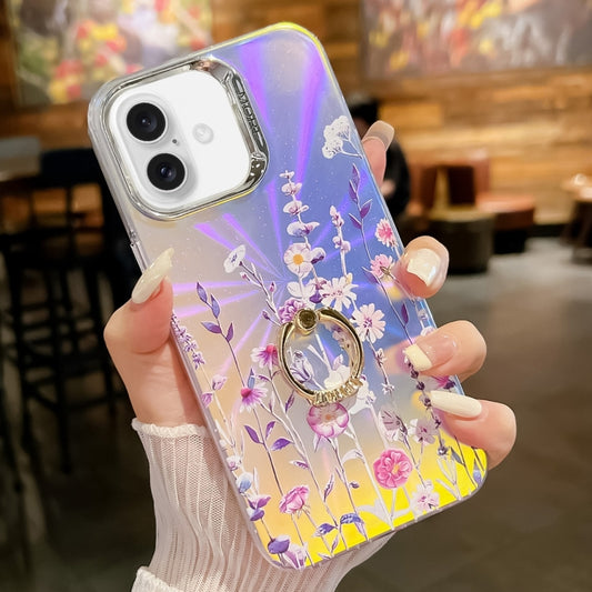 For iPhone 16 Electroplating Laser Flower Ring Holder TPU Phone Case(Flower AH1) - iPhone 16 Cases by buy2fix | Online Shopping UK | buy2fix