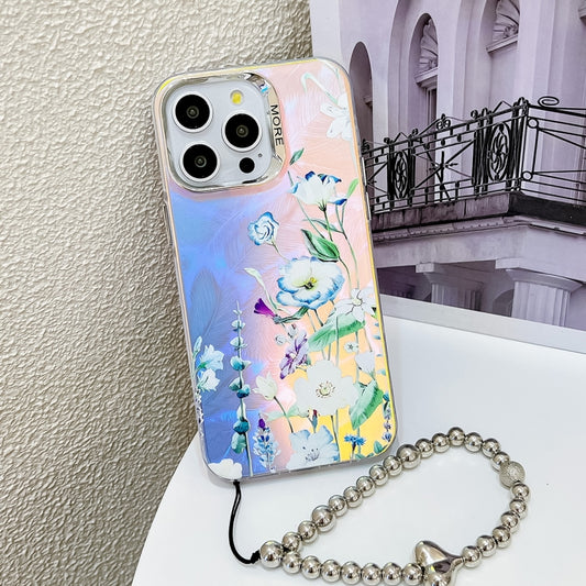 For iPhone 16 Pro Max Electroplating Laser Flower Phone Case with Wrist Strap(Blue Flower AH8) - iPhone 16 Pro Max Cases by buy2fix | Online Shopping UK | buy2fix