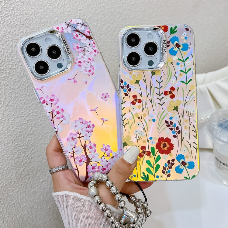 For iPhone 16 Plus Electroplating Laser Flower Phone Case with Wrist Strap(Zinnia AH9) - iPhone 16 Plus Cases by buy2fix | Online Shopping UK | buy2fix