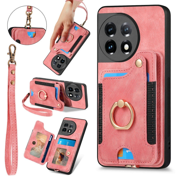 For OnePlus 11 Retro Skin-feel Ring Multi-card RFID Wallet Phone Case(Pink) - OnePlus Cases by buy2fix | Online Shopping UK | buy2fix