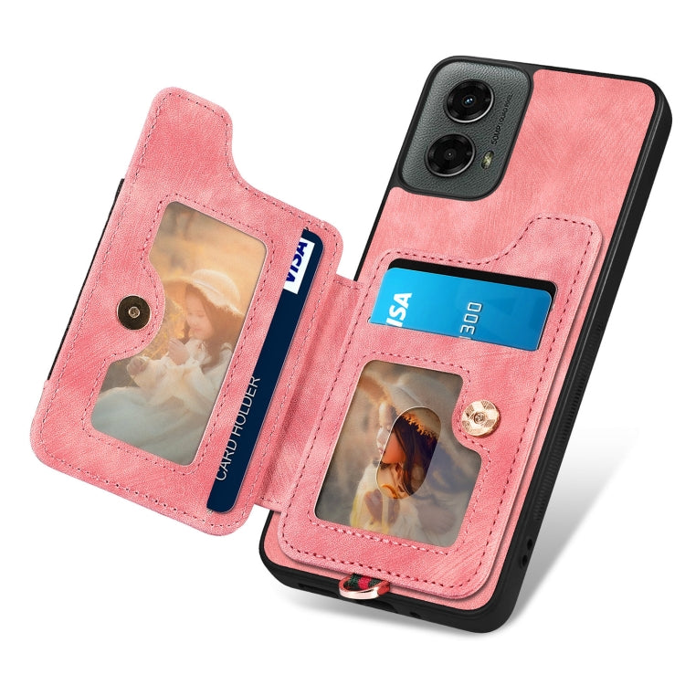 For Motorola Moto G 2024 Retro Skin-feel Ring Multi-card RFID Wallet Phone Case(Pink) - Motorola Cases by buy2fix | Online Shopping UK | buy2fix