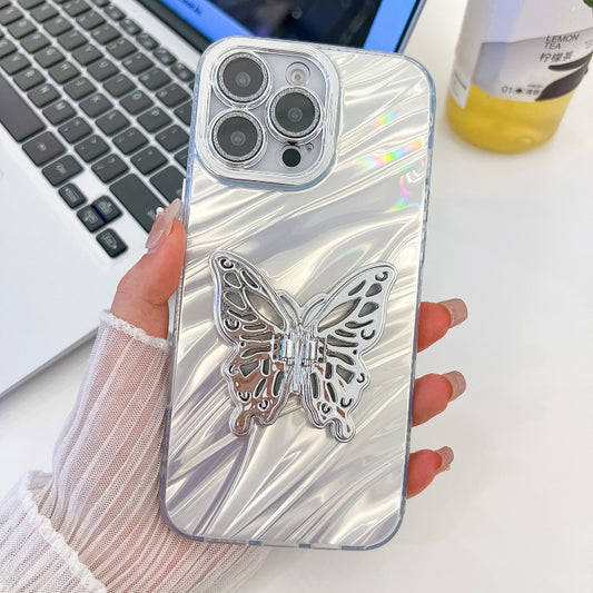 For iPhone 16 Pro Plating Glitter Texture Butterfly Holder TPU Phone Case with Lens Film(White Water Ripples) - iPhone 16 Pro Cases by buy2fix | Online Shopping UK | buy2fix