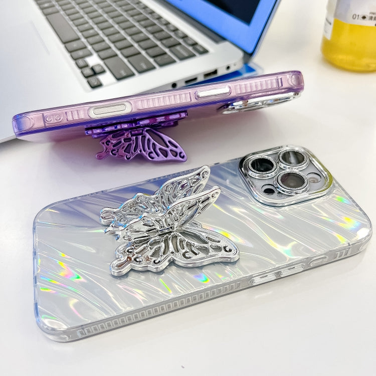 For iPhone 16 Pro Plating Glitter Texture Butterfly Holder TPU Phone Case with Lens Film(Pink Wrinkles) - iPhone 16 Pro Cases by buy2fix | Online Shopping UK | buy2fix