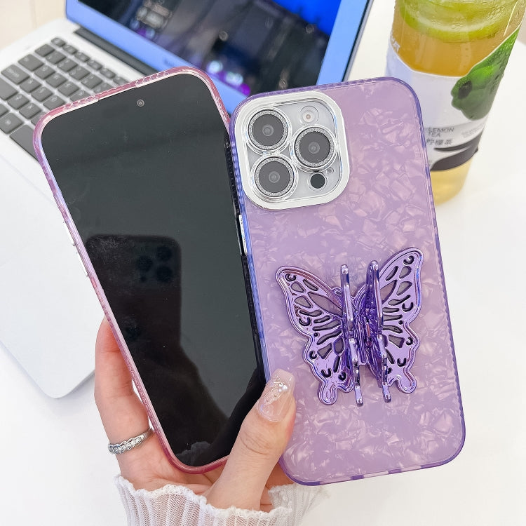 For iPhone 16 Pro Max Plating Glitter Texture Butterfly Holder TPU Phone Case with Lens Film(Purple Feathers) - iPhone 16 Pro Max Cases by buy2fix | Online Shopping UK | buy2fix