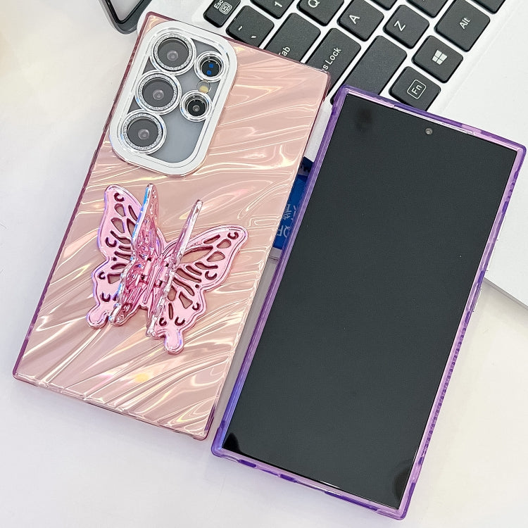 For Samsung Galaxy S25 Ultra 5G Plating Glitter Texture Butterfly Holder TPU Phone Case with Lens Film(Pink Tinfoil Texture) - Galaxy S25 Ultra 5G Cases by buy2fix | Online Shopping UK | buy2fix