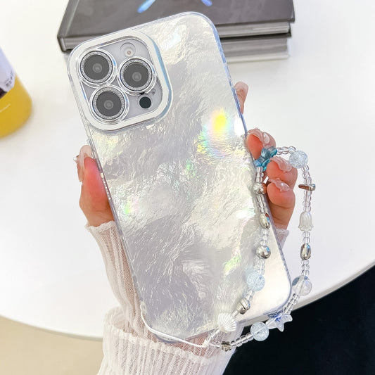 For iPhone 16 Pro Plating Glitter Texture Chain Wristband TPU Phone Case with Lens Film(White Tinfoil Texture) - iPhone 16 Pro Cases by buy2fix | Online Shopping UK | buy2fix