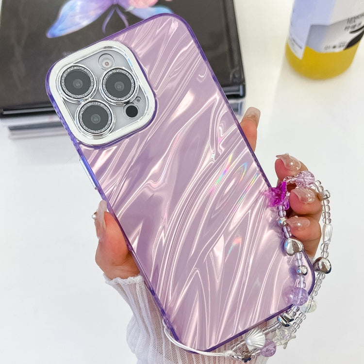 For iPhone 16 Plus Plating Glitter Texture Chain Wristband TPU Phone Case with Lens Film(Purple Water Ripples) - iPhone 16 Plus Cases by buy2fix | Online Shopping UK | buy2fix