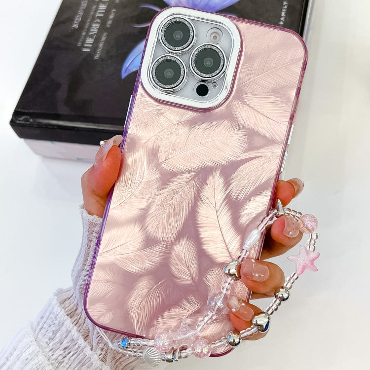 For iPhone 16 Plus Plating Glitter Texture Chain Wristband TPU Phone Case with Lens Film(Pink Feathers) - iPhone 16 Plus Cases by buy2fix | Online Shopping UK | buy2fix