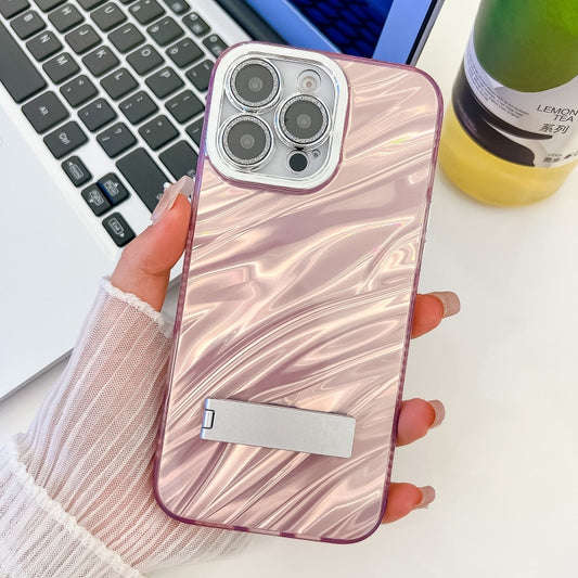 For iPhone 16 Pro Plating Glitter Texture Fold Holder TPU Phone Case with Lens Film(Pink Water Ripples) - iPhone 16 Pro Cases by buy2fix | Online Shopping UK | buy2fix