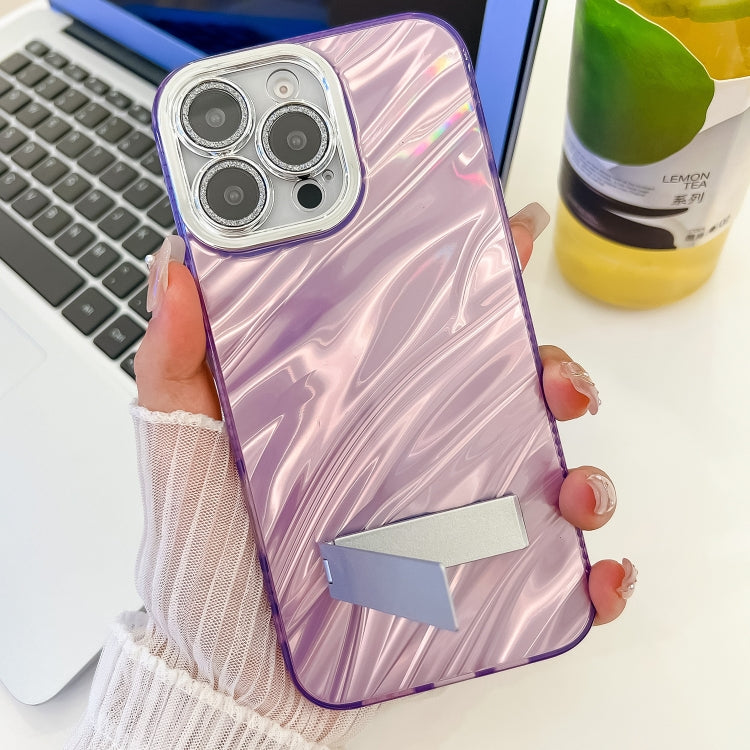 For iPhone 16 Pro Max Plating Glitter Texture Fold Holder TPU Phone Case with Lens Film(Pink Wrinkles) - iPhone 16 Pro Max Cases by buy2fix | Online Shopping UK | buy2fix