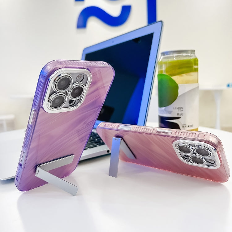 For iPhone 16 Pro Max Plating Glitter Texture Fold Holder TPU Phone Case with Lens Film(Purple Shell Pattern) - iPhone 16 Pro Max Cases by buy2fix | Online Shopping UK | buy2fix