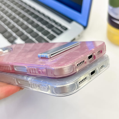 For iPhone 16 Pro Plating Glitter Texture Fold Holder TPU Phone Case with Lens Film(Pink Water Ripples) - iPhone 16 Pro Cases by buy2fix | Online Shopping UK | buy2fix