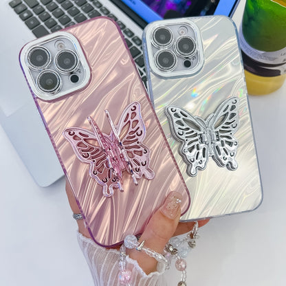 For iPhone 16 Plus Plating Glitter Lens Film Texture Butterfly Holder Wristband Phone Case(Pink Feathers) - iPhone 16 Plus Cases by buy2fix | Online Shopping UK | buy2fix