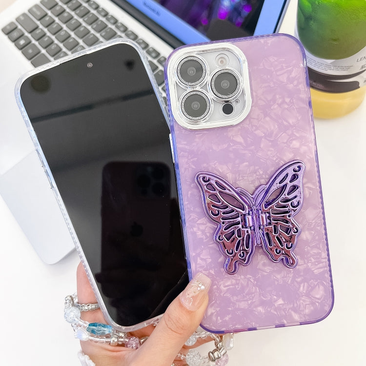 For iPhone 16 Pro Plating Glitter Lens Film Texture Butterfly Holder Wristband Phone Case(Pink Tinfoil Texture) - iPhone 16 Pro Cases by buy2fix | Online Shopping UK | buy2fix