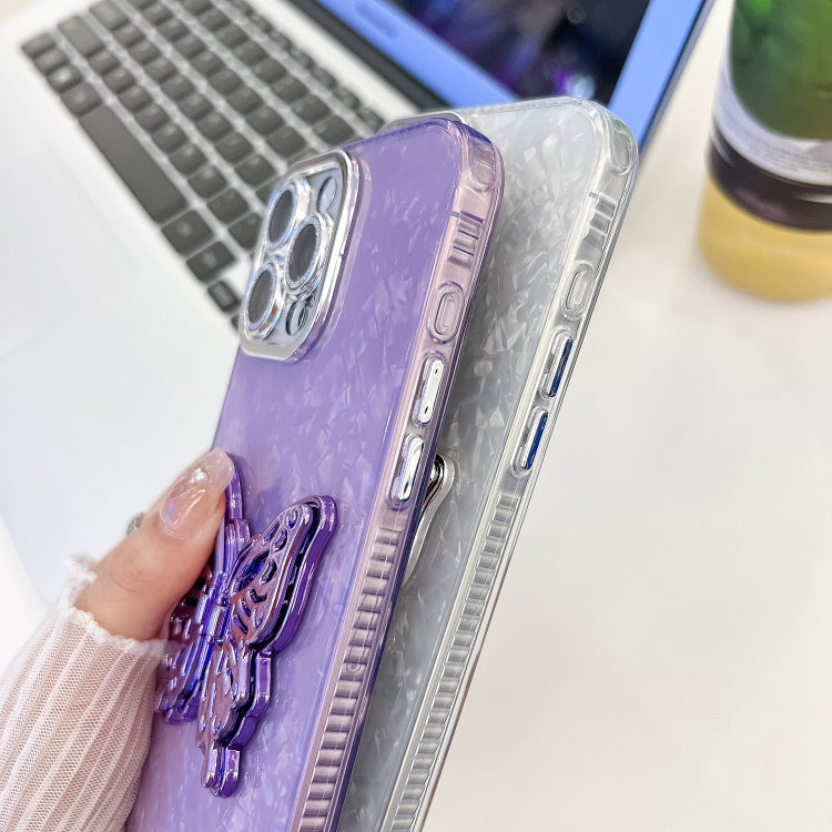 For iPhone 16 Plus Plating Glitter Lens Film Texture Butterfly Holder Wristband Phone Case(Purple Feather Yarn) - iPhone 16 Plus Cases by buy2fix | Online Shopping UK | buy2fix