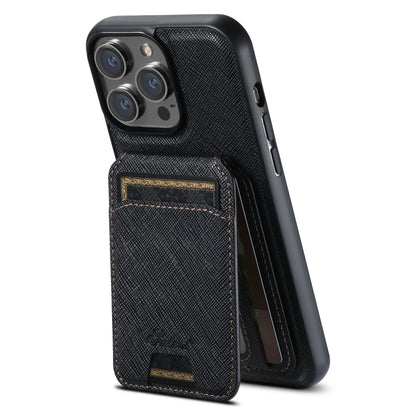 For iPhone 14 Pro Max Suteni H18 Cross Grain MagSafe Wallet Leather Phone Case(Black) - iPhone 14 Pro Max Cases by Suteni | Online Shopping UK | buy2fix