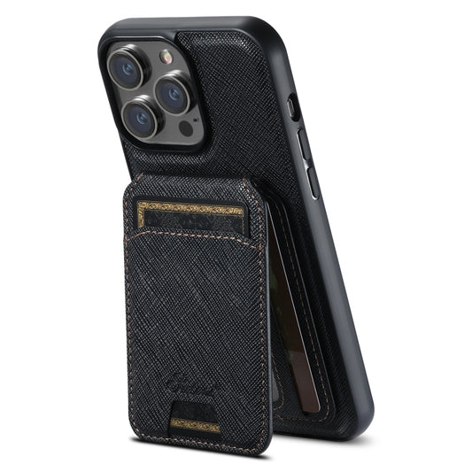 For iPhone 14 Pro Suteni H18 Cross Grain MagSafe Wallet Leather Phone Case(Black) - iPhone 14 Pro Cases by Suteni | Online Shopping UK | buy2fix