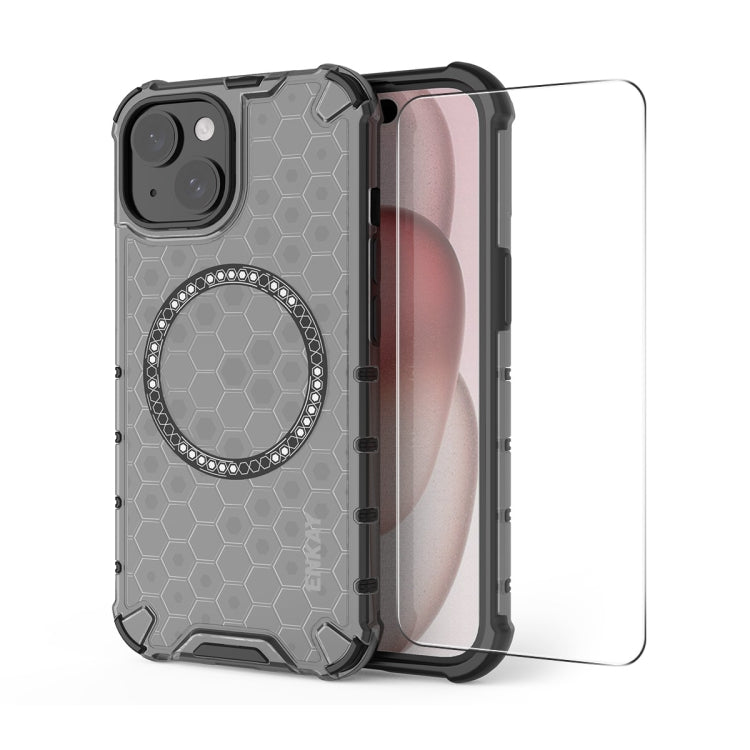 For iPhone 14 Plus ENKAY Hat-Prince Honeycomb MagSafe Shockproof Phone Case with Large Arc Edge Film(Grey) - iPhone 14 Plus Cases by ENKAY | Online Shopping UK | buy2fix