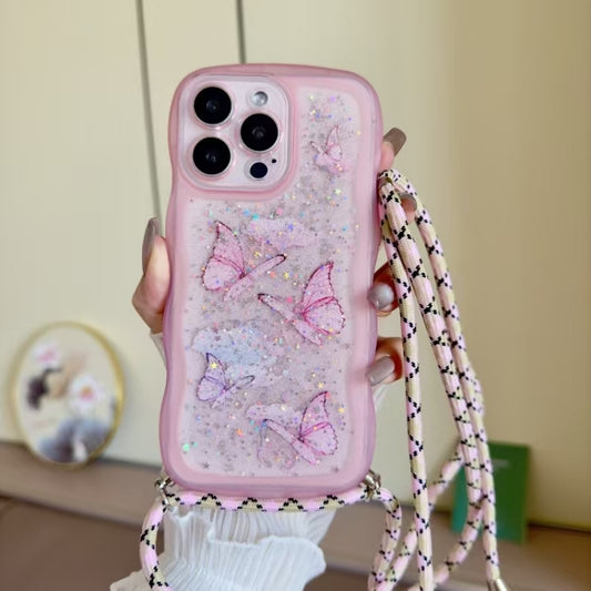 For iPhone 16 Pro Max Crossbody Wave Edge Butterfly TPU Phone Case(Pink) - iPhone 16 Pro Max Cases by buy2fix | Online Shopping UK | buy2fix