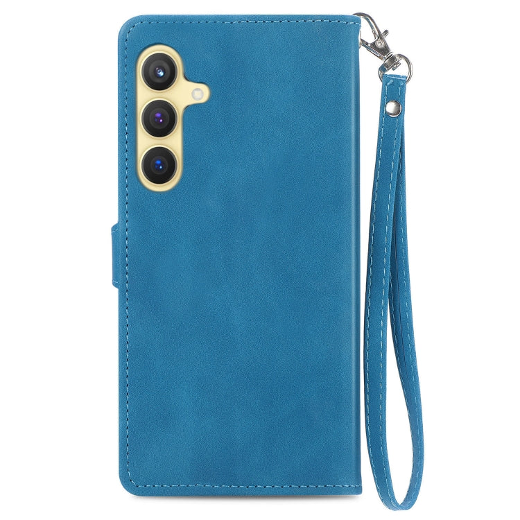 For Samsung Galaxy S25 5G Embossed Flower Zipper Leather Phone Case(Blue) - Galaxy S25 5G Cases by buy2fix | Online Shopping UK | buy2fix