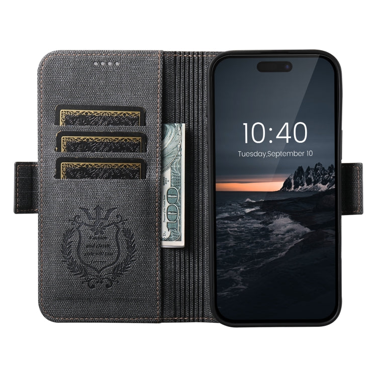 For iPhone 16 Suteni J07 Multi-functional Horizontal MagSafe Denim Leather Phone Case(Black) - iPhone 16 Cases by Suteni | Online Shopping UK | buy2fix